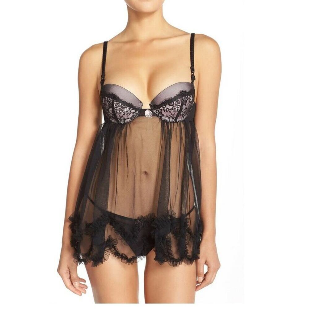 Black Bow Allocen Underwire Babydoll Chemise Black Size M 8432